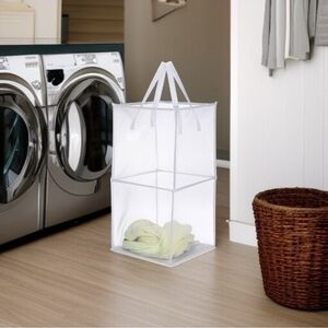 White Collapsible Mesh Laundry Hamper Foldable Polyester Bag with Handles VG
